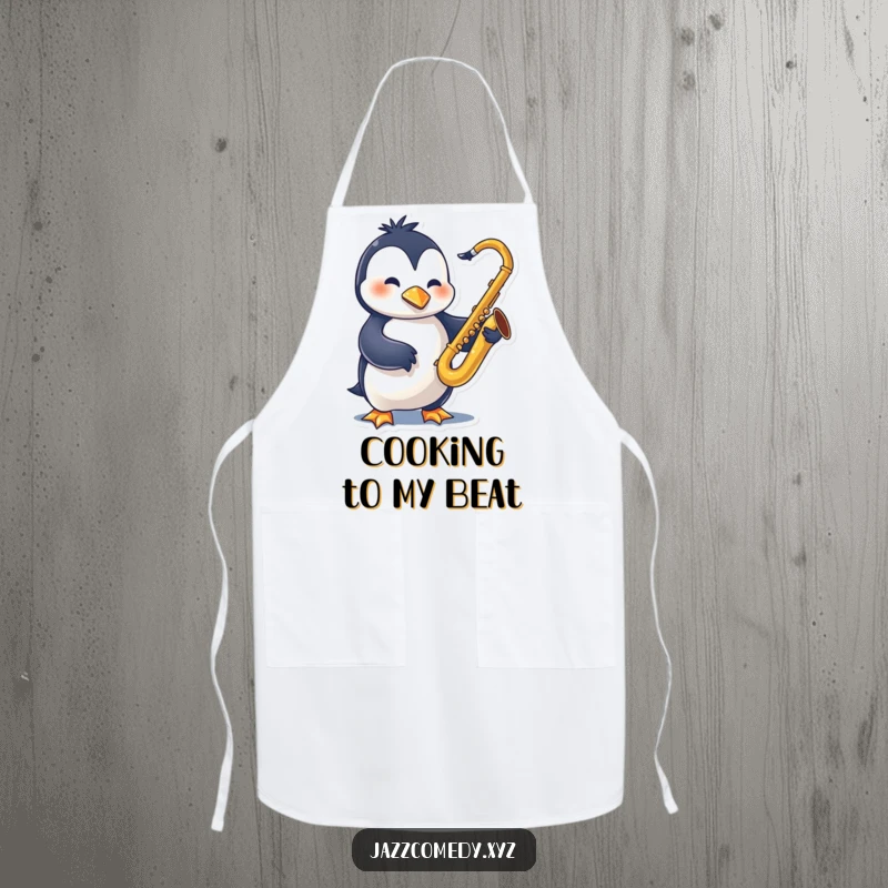 Funny Penguin Sax Apron showcasing a swinging character playing a saxophone, perfect for kitchen fun and musical vibes.