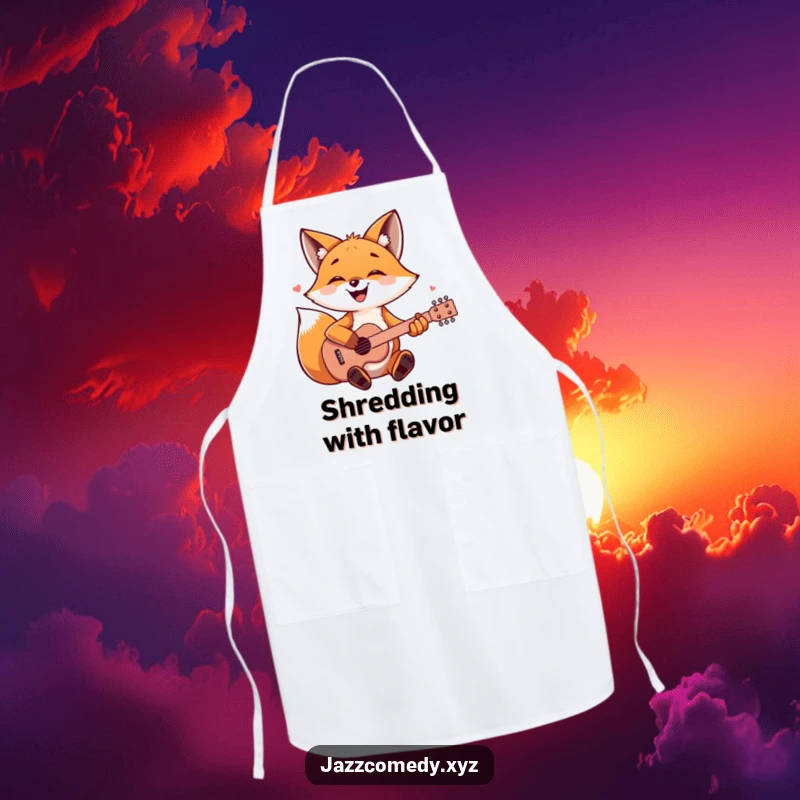 Funny fox chef wearing an apron, playing a guitar, a humorous kitchen gift.