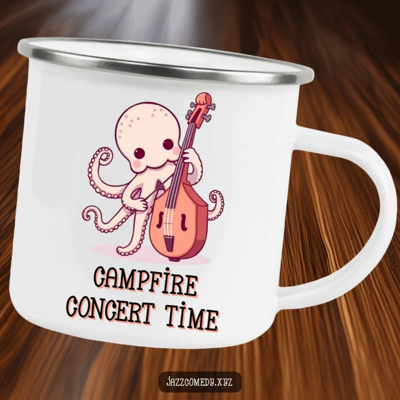 Funny octopus playing a bass around a campfire, a humorous and rugged camping mug.