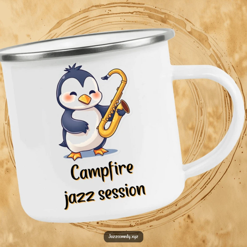 Funny Penguin Sax Camping Mug featuring a swinging character playing a saxophone, perfect for enjoying drinks outdoors.