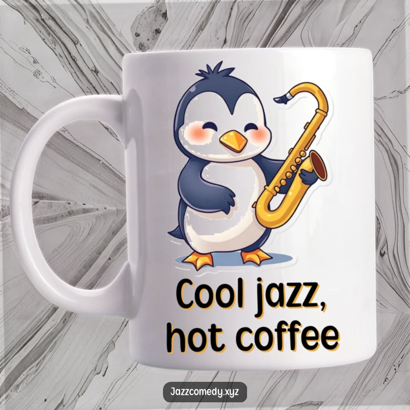 Funny Penguin Sax Mug depicting a swinging character playing a saxophone, radiating cool jazz vibes.