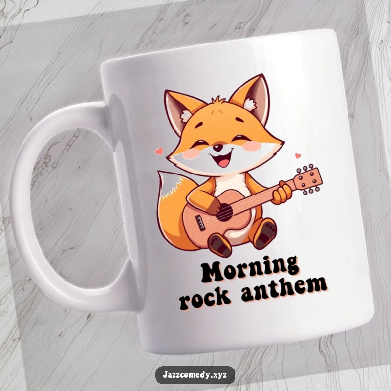 Funny fox enthusiastically playing a guitar with its paws, a joyful woodland musician mug.