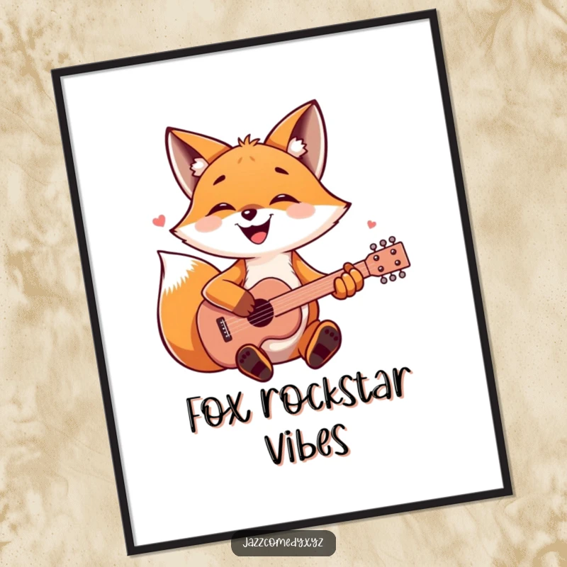 Joyful fox playing a guitar, printable woodland art, humorous digital download.
