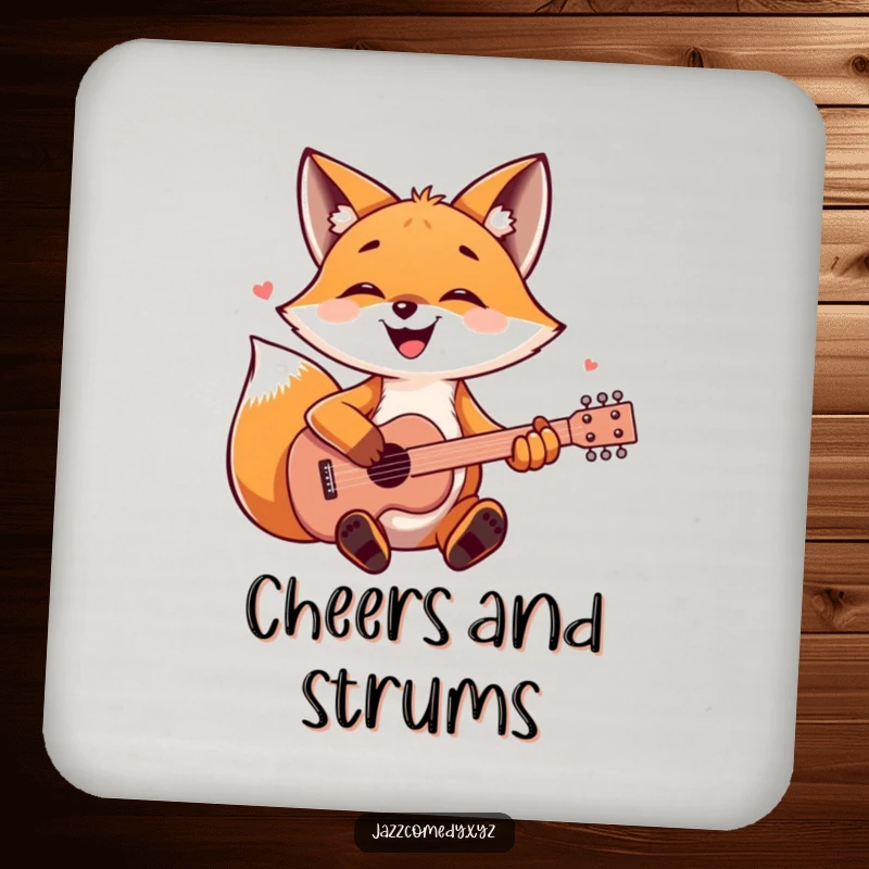 Funny fox holding a guitar, protecting a table, a humorous and functional coaster.