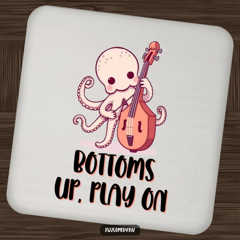 Funny octopus holding a bass guitar, protecting a table, a humorous and functional coaster.