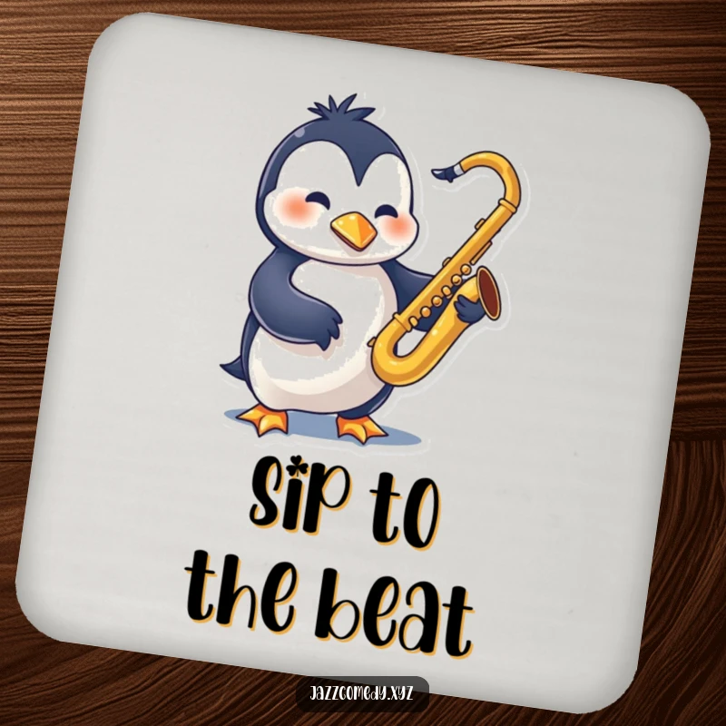 Funny Penguin Sax Coaster showcasing a swinging character playing a saxophone, protecting surfaces with cool jazz style.