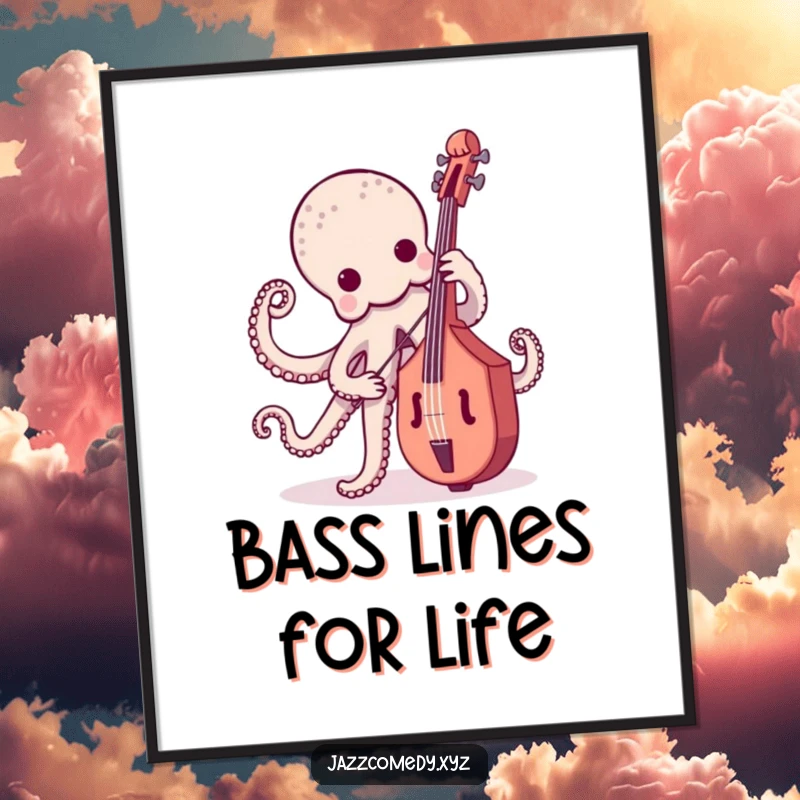 Funny octopus musician playing an upright bass, a vibrant and humorous wall art.