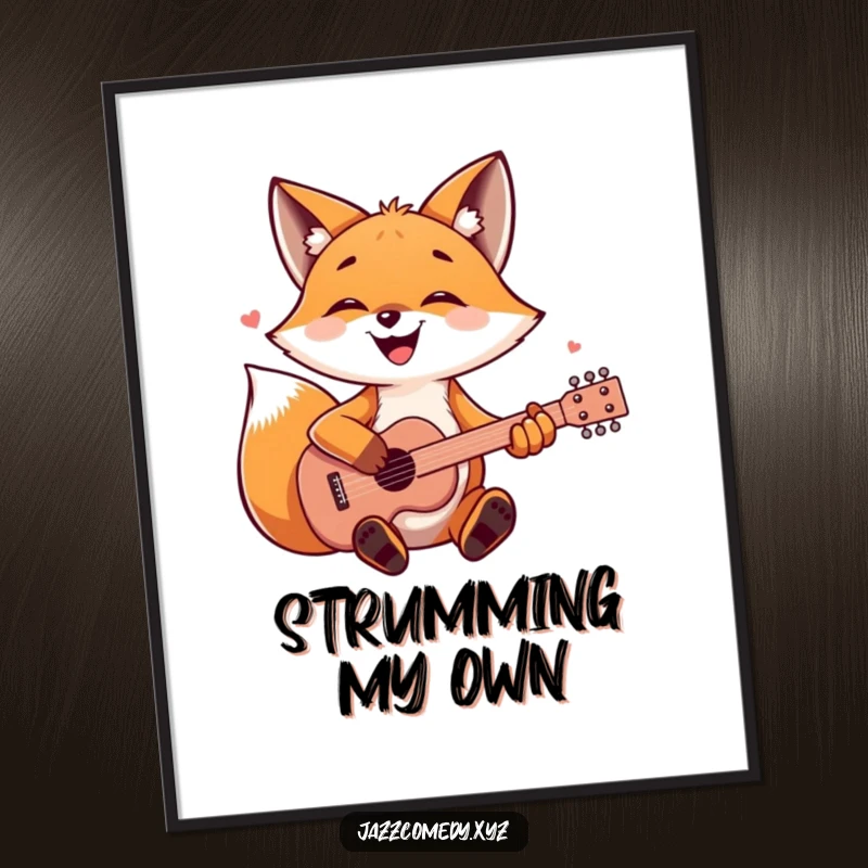 Joyful fox playing a guitar, surrounded by musical notes, a vibrant and humorous wall art.