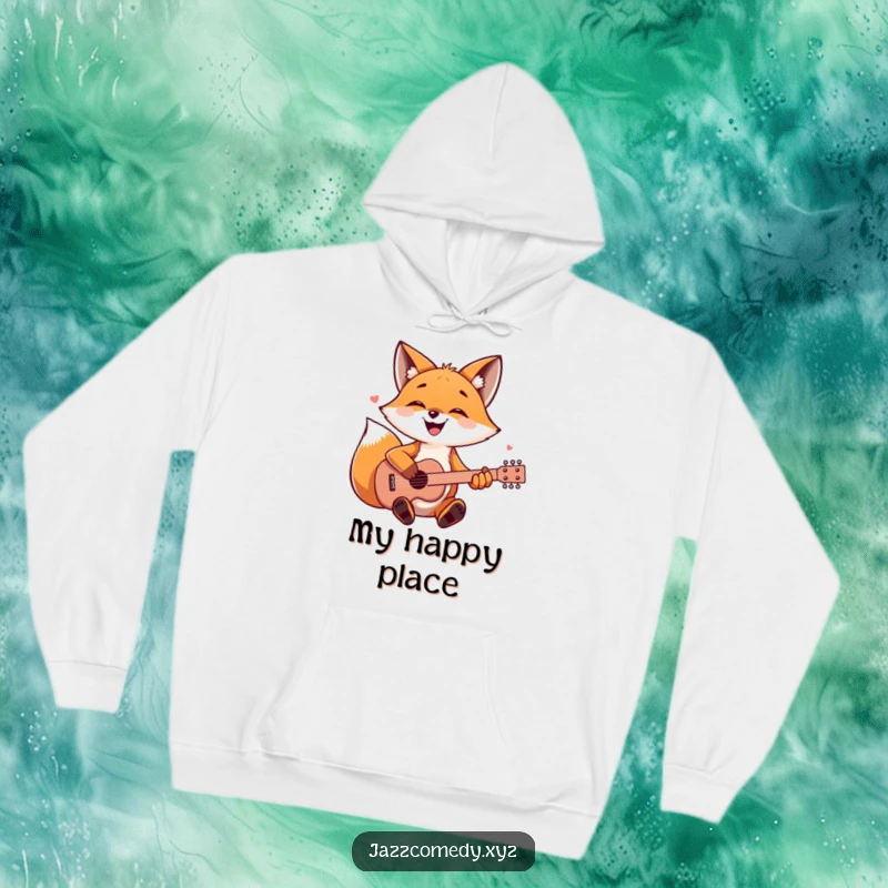 Cozy funny fox wearing a bandana, playing a guitar, a warm and musical hoodie.