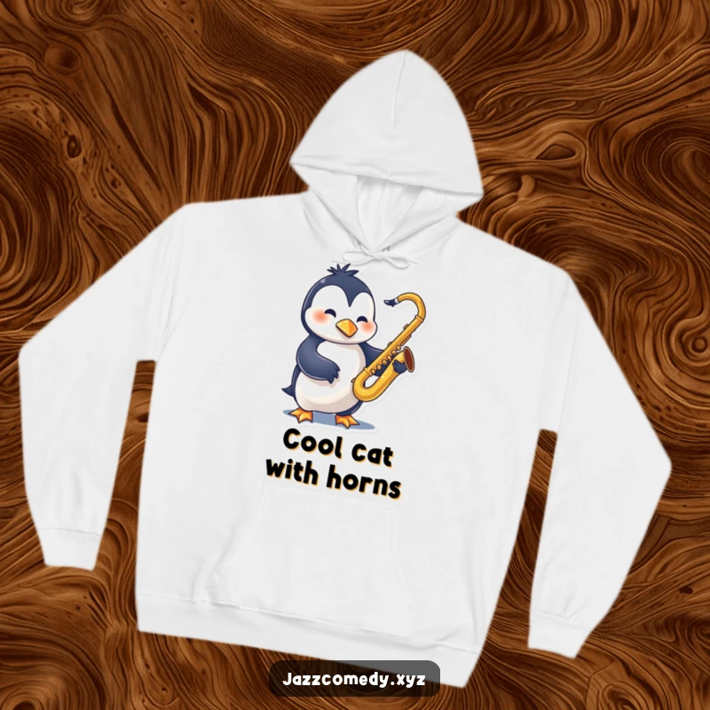 Funny Penguin Sax Hoodie with a swinging character playing a saxophone, offering warmth and a cool jazz aesthetic.