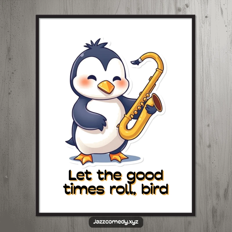 Funny Free Printable Wall Art: A penguin swinging energetically while playing a saxophone, full of life.
