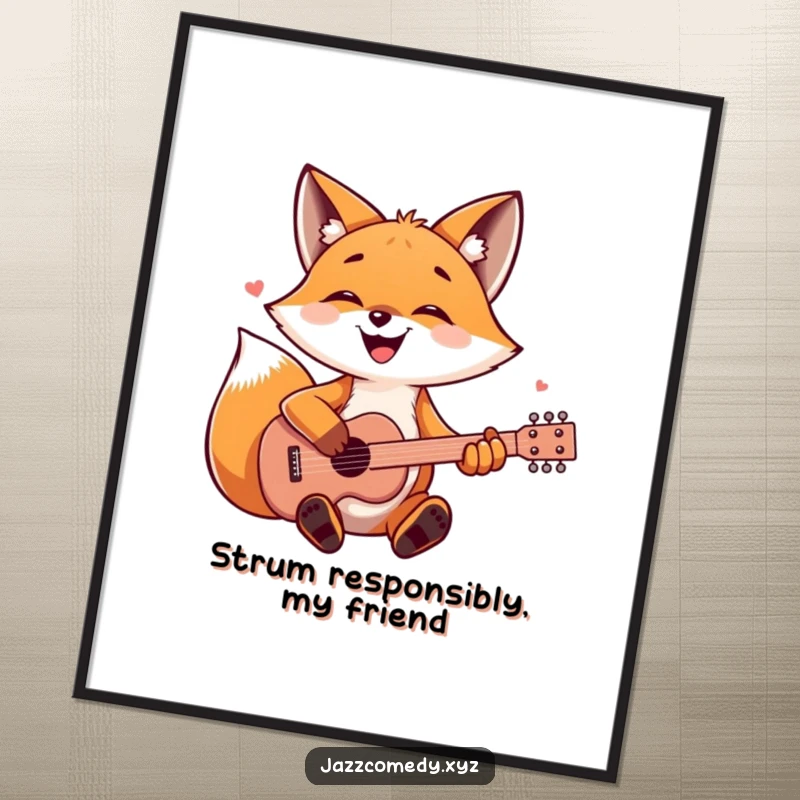 Funny free printable wall art: a joyful fox playing an acoustic guitar with its paws, radiating musical happiness and good vibes.