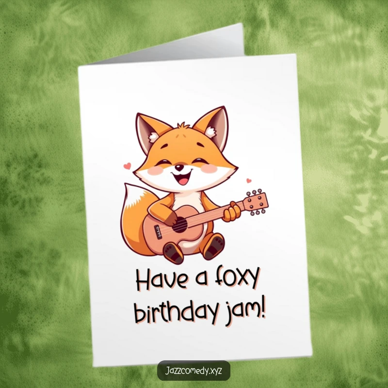 Funny free printable birthday card featuring a joyous fox skillfully strumming a guitar with its paws, ready to party.