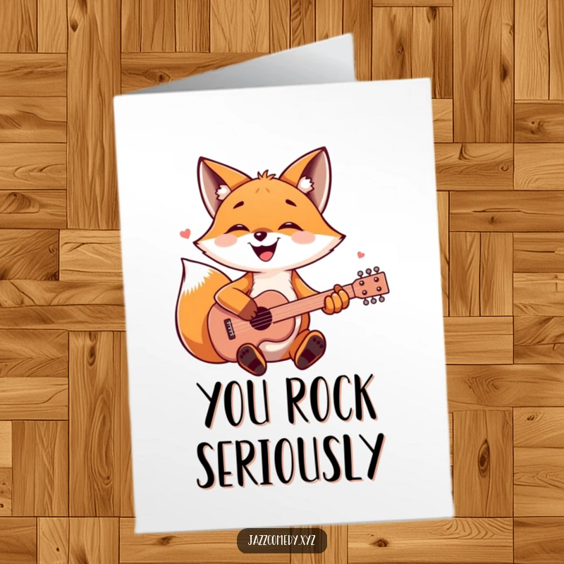 Funny free printable congratulations card showing a happy fox enthusiastically strumming a guitar, celebrating a fantastic accomplishment.