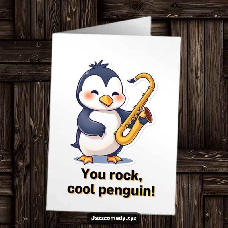 Funny Free Printable Congrats Card: A penguin swinging and playing a saxophone, celebrating good news.