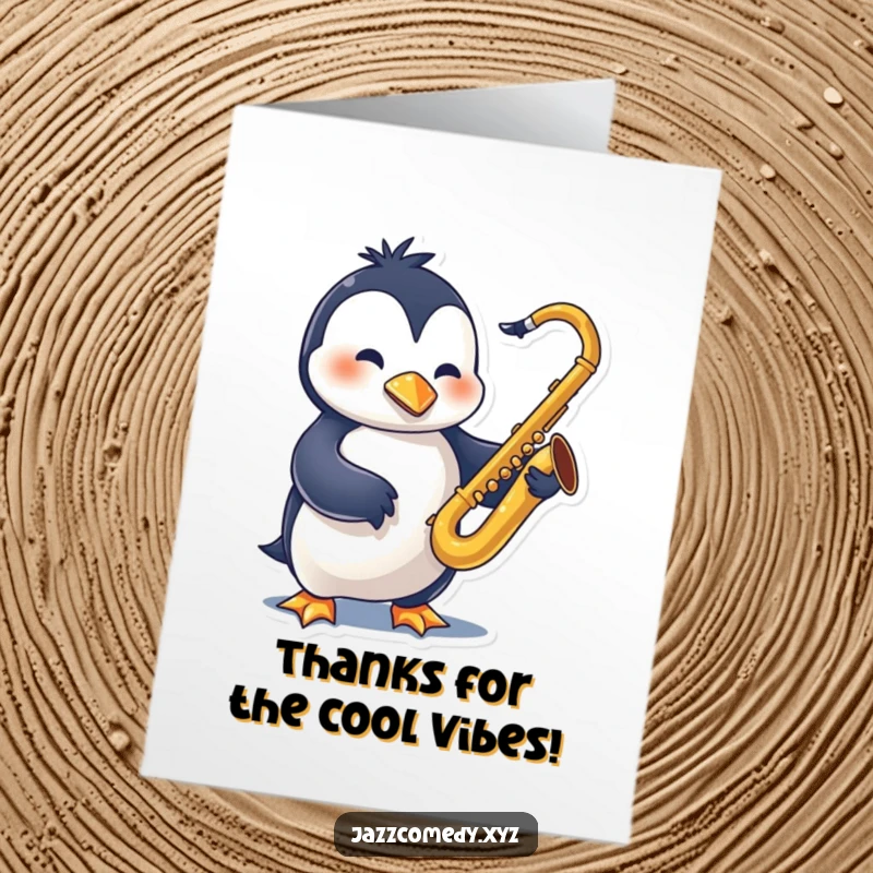 Funny Free Printable Thank You Card: A penguin swinging while playing saxophone, offering thanks.