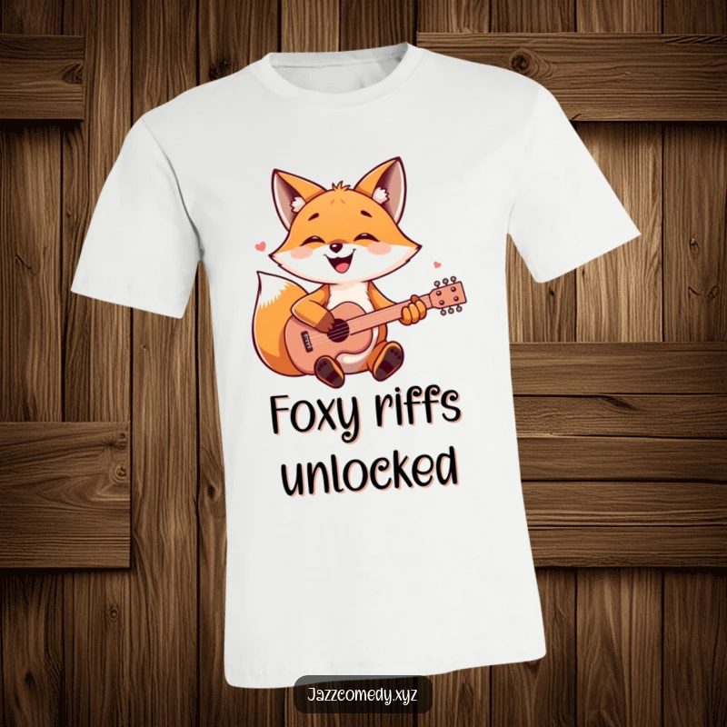 Joyful fox strumming an acoustic guitar with its paws, a humorous music-themed t-shirt.