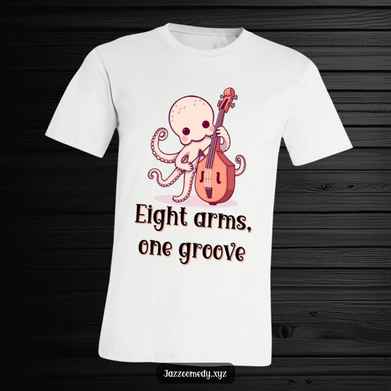 Funny octopus rocking out on a small upright bass, a humorous music-themed t-shirt.