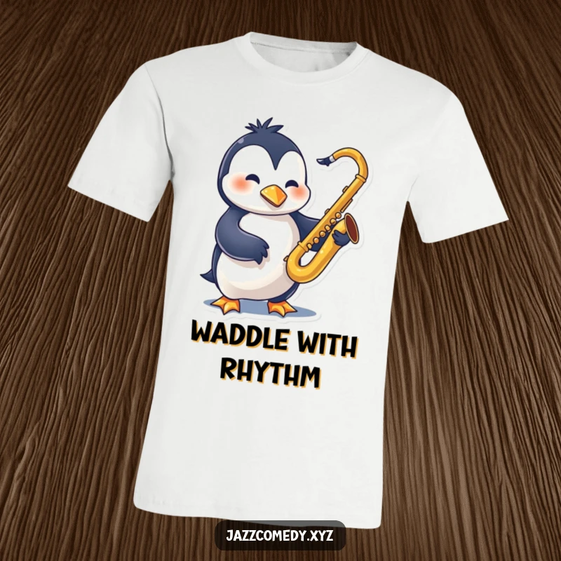 Funny Penguin Sax T-Shirt with a swinging character playing a saxophone, embodying cool jazz style and musical energy.
