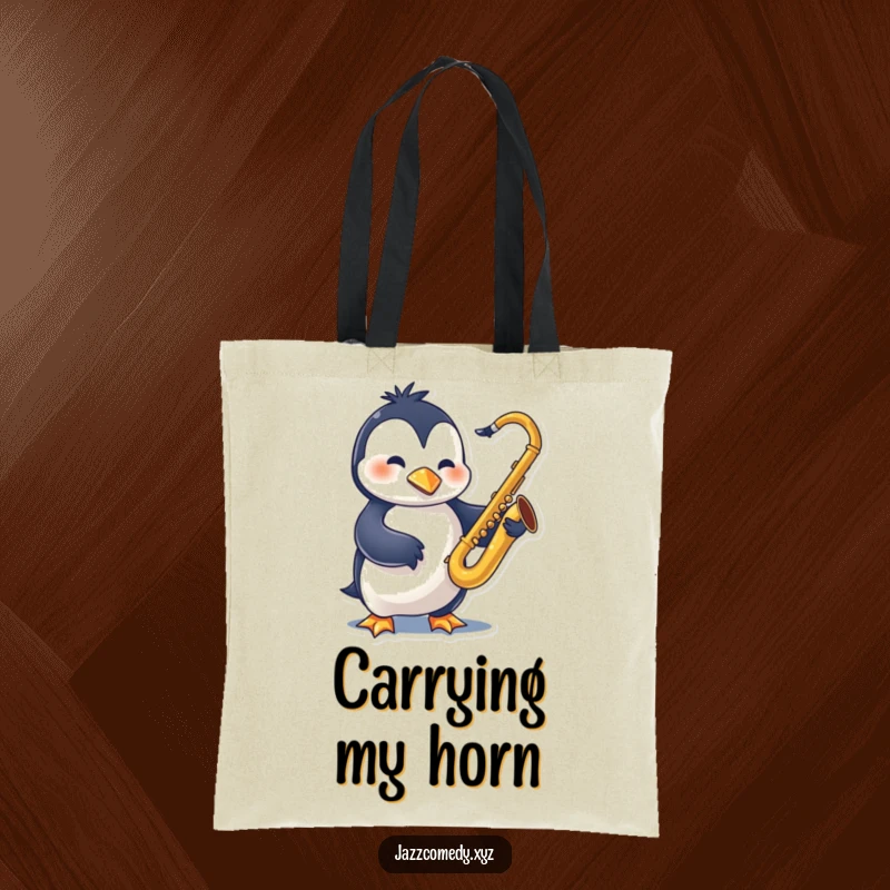 Funny Penguin Sax Tote Bag featuring a swinging character playing a saxophone, perfect for carrying essentials with musical flair.